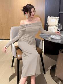 DAZY 女士翻领露肩修身长裙，春夏优雅，秋季服装长袖连衣裙 - 杏色 - 查看 5
