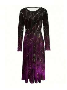 Women's Elegant Long Dress With Sparkling Dot And Line Print, Deep Purple Fall Cloth For Women - Multicolor - View 1