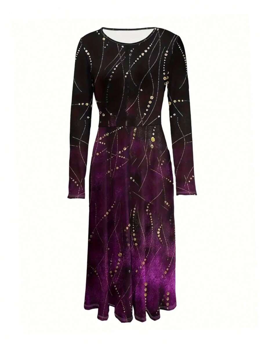 Women's Elegant Long Dress With Sparkling Dot And Line Print, Deep Purple Fall Cloth For Women - Multicolor - View 1