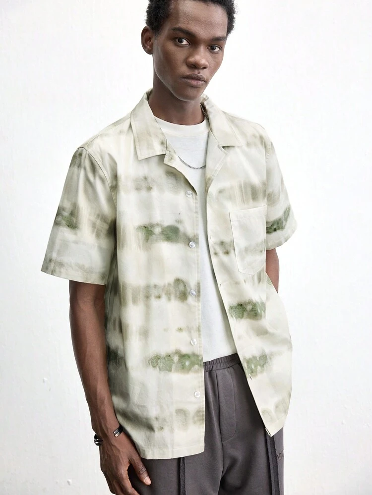 SHEIN Maija Men's 2025 Summer New Tie-Dye Striped Loose Regular Fit Casual Solid Color Stand Collar Single-Breasted Pocket Shirt, Versatile For Daily Wear, Dates, Outings, Vacations, Ideal For Valentine's Day