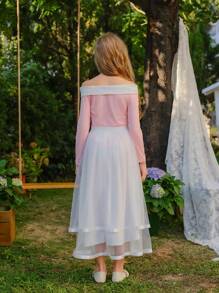 SHEIN Tween Girl 2 Pieces Set, Includes Off Shoulder Long Sleeve Bowknot Fitted Top In Pink And White Mesh Maxi Skirt, Elegant Casual Style For Spring/Summer Vacation, Girls Luxury Party Outfit