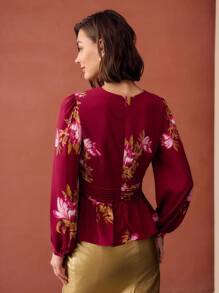 MOTF PREMIUM BLUS PEPLUM MOTIF BUNGA CHIFFON - Merah - View 3