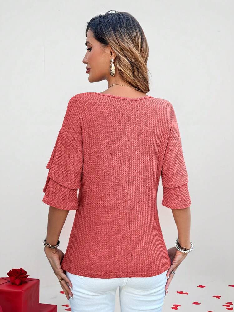 Women's Solid Color Textured Flare Sleeve T-Shirt, Casual Vacation Style Red Top Valentine's Day Red Tops For Women