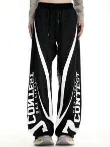 ROMWE MEN Prep Men's Slogan Printed Casual Sports Streetwear Long Pants, Suitable For Spring/Summer - Black - View 1