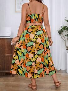 Breezaya Set de 2 piezas talla grande de top de tirantes y minifalda con estampado tropical de plantas, ropa de resort