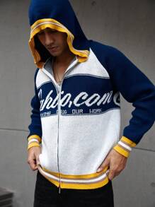 Manfinity EMRG Men's Front Zipper Long Sleeve Solid Color Patchwork Letter Graphic Minimalist Hoodie - Blue - View 1