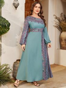 Al Najma Plus Size Asymmetrical Print Design Arabic Style Dress,Modest - Mint Green - View 5