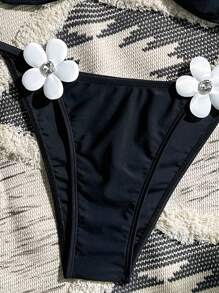 SHEIN Swim Nuevo conjunto de bikini clásico en blanco y negro con estampado floral, atuendo de playa de verano para mujeres - Negro - Ver 4