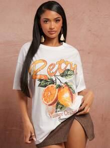 SHEIN SXY 春夏约会夜店情人节婚礼优雅度假装生日装女士水果字母印花白色超大基本款 T 恤上衣