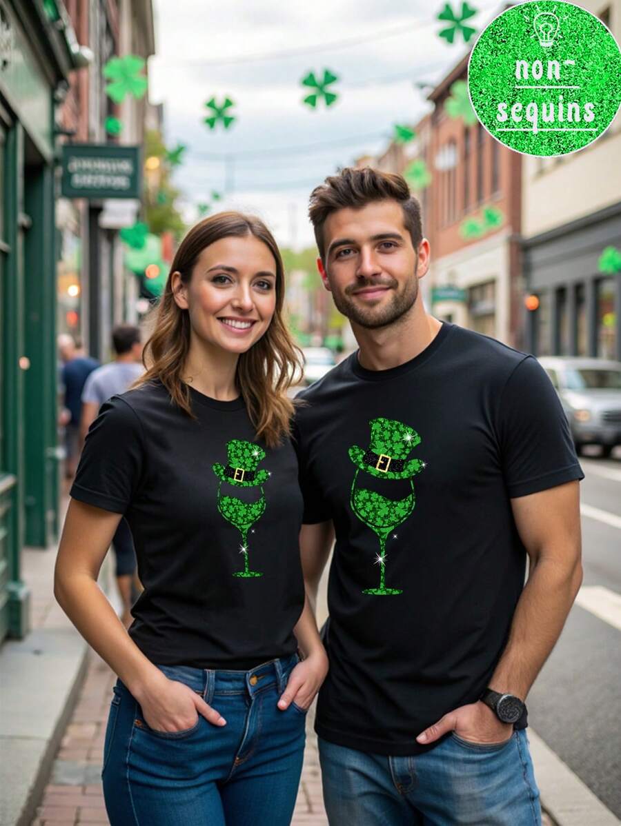 Manfinity Homme 圣帕特里克节时尚休闲三叶草、金色箔效果酒杯、帽子元素印花情侣T恤，适合派对聚会、约会、男友礼物 - 黑色 - 查看 1