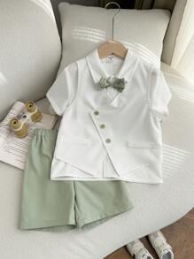 2pcs Toddler Boys Casual Set - Front Button Short Sleeve Top And Shorts - White - View 6