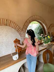 DAZY Blusa con doble capa en el bajo y pliegues frontales con estampado de flores de durazno para mujer - Rosa - Ver 8