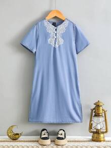 SHEIN Young Boy Casual Soft White Patterned Blue Denim Long Shirt,For Kids Spring/Summer Clothes