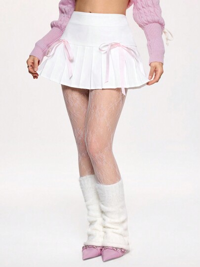 Academia Jupe mini plissée avec nœud papillon à la taille, style décontracté et doux pour femmes