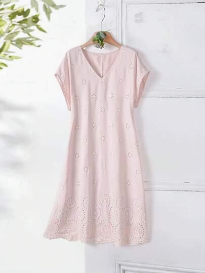 Rusticease 1 件女士纯色刺绣装饰 V 领短袖中长连衣裙粉色连衣裙情人节女士粉色连衣裙
