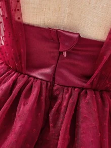 SHEIN Baby Girl Flocked Mesh Party Tutu Dress, Christening Casual Cute Party Gown, Photoshoot Ruffle Skirt Dress For Autumn/Winter - Burgundy - View 6