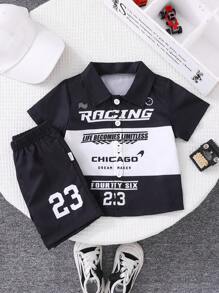 2pcs/Set Baby Boy Black & White Printed Shirt With Matching Shorts,Racing Style Graphic Street Fashion,Summer Street Life Casual Beach Outfit - Multicolor - View 4