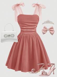 SHEIN Girlism Robe rose velours unicolore élégante avec volants, bretelles plissées en maille pour adolescente. Tenue idéale pour la Saint-Valentin, la remise des diplômes ou les soirées de gala - Rose bonbon - Voir 1