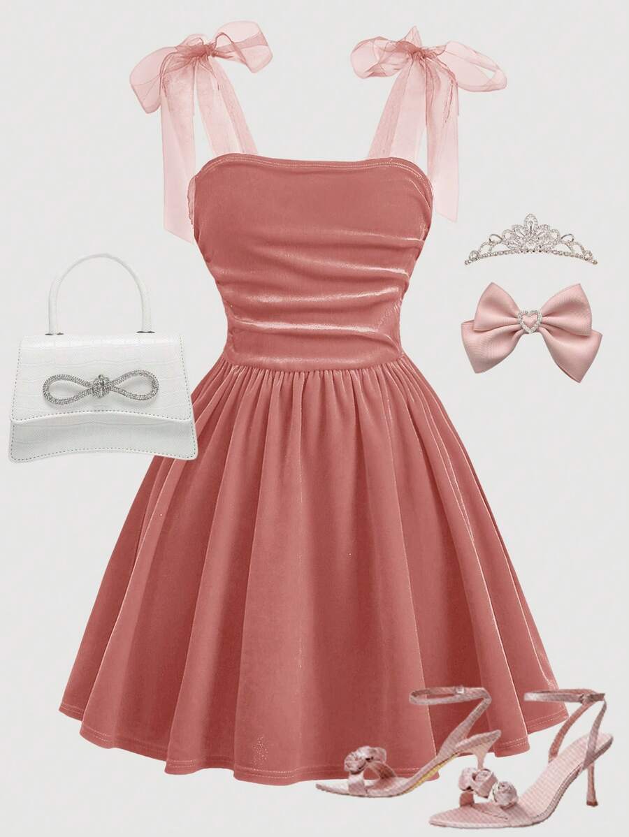 SHEIN Girlism Robe rose velours unicolore élégante avec volants, bretelles plissées en maille pour adolescente. Tenue idéale pour la Saint-Valentin, la remise des diplômes ou les soirées de gala - Rose bonbon - Voir 1