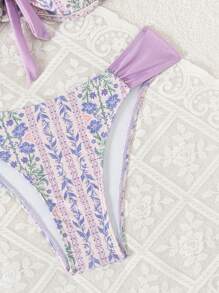 Swim Mod Springbreak Women Beach Wear Summer Outfits, Women's Multi-Colored Random Printed Ruched Strap Bowknot Underwire Cute & Sweet 2 Pieces Bikini Set, Boho Festival