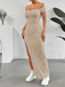 SHEIN EZwear 女士纯色简约休闲露肩高开叉连衣裙 - 卡其色 - 查看 4