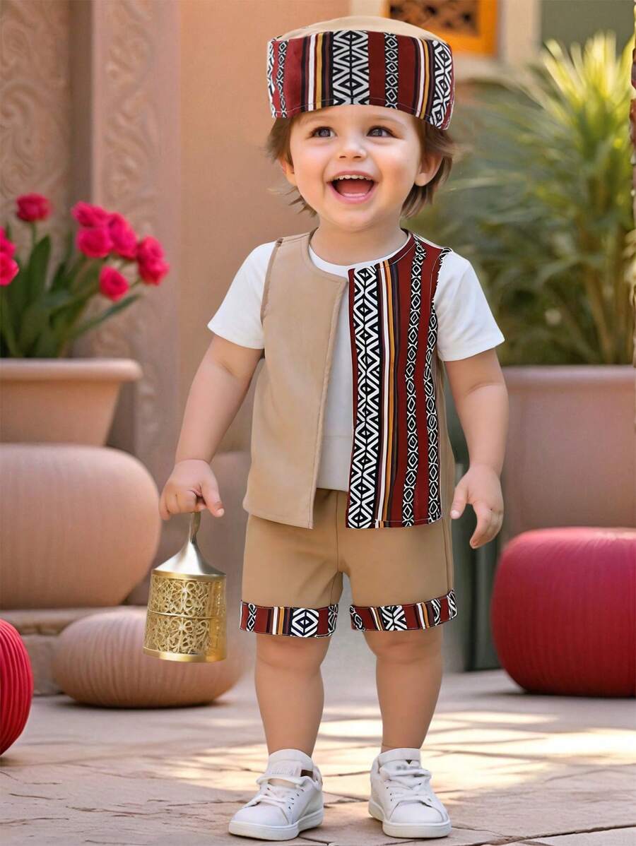 Baby Boy Minimalist Fashion Sleeveless Top And Shorts 2 Pieces Set, Casual Everyday Wear - Khaki - View 1