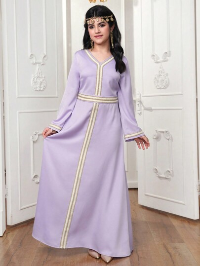 Vestido largo informal para niñas adolescentes de unicolor con cuello en V y manga larga