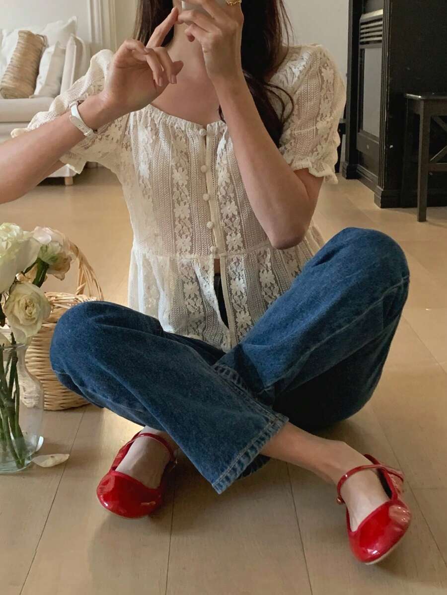 DAZY Jednolita koronkowa bluzka damska z krótkim rękawem, dopasowana na lato, top typu babydoll