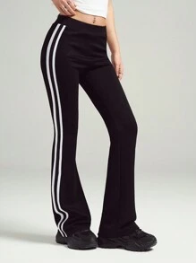 LYSMO Women's Side Stripe Elastic Waist Flare Leg Casual Pants, Versatile - Black and White - View 6