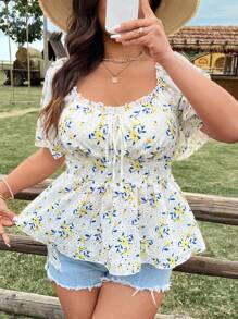 Flirla Plus Size Women's Boho Eyelet Embroidery Floral Print Blouse, For Summer - Multicolor - View 3