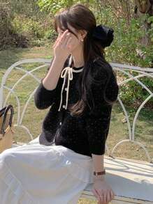 DAZY Women's Round Neck Long Sleeve Front Tie Button Simple Casual Polka Dot Sweater,Fall Women Clothes