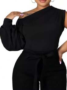 INAWLY Plus Size Women Asymmetrical Collar Fitted Fashionable Top - Black - View 3