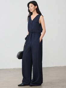 Dazy-Less Combinaison ample en couleur unie avec taille cintrée et jambes droites, casual pour femmes. Combinaison casual pour femmes