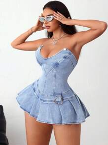 SHEIN ICON Women's Button Front Mini Ruched Casual Denim Dress - Blue and White - View 1