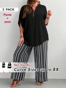 SHEIN CURVE+ Plus Size Women 2 Pieces Set Black V-Neck Short Sleeve Top And All-Over Printed Pants, Casual Holiday Outfit, Spring And Autumn,Holiday Outfits Boho