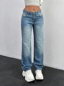 EURMUSE WOMEN STRAIGHT MID WAIST JEANS - Light Wash - View 5