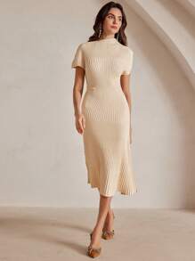 Anewsta Women's Ribbed Asymmetric Half-Turtleneck Fitted Pullover Knit Dress - Apricot - View 5