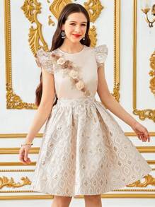 SHEIN Aplicație florală elegantă, mânecă cu decor din dantelă aurie, cămașă cu gât rotund și set de fuste din satin jacquard cu tiv pliat, auriu șampanie