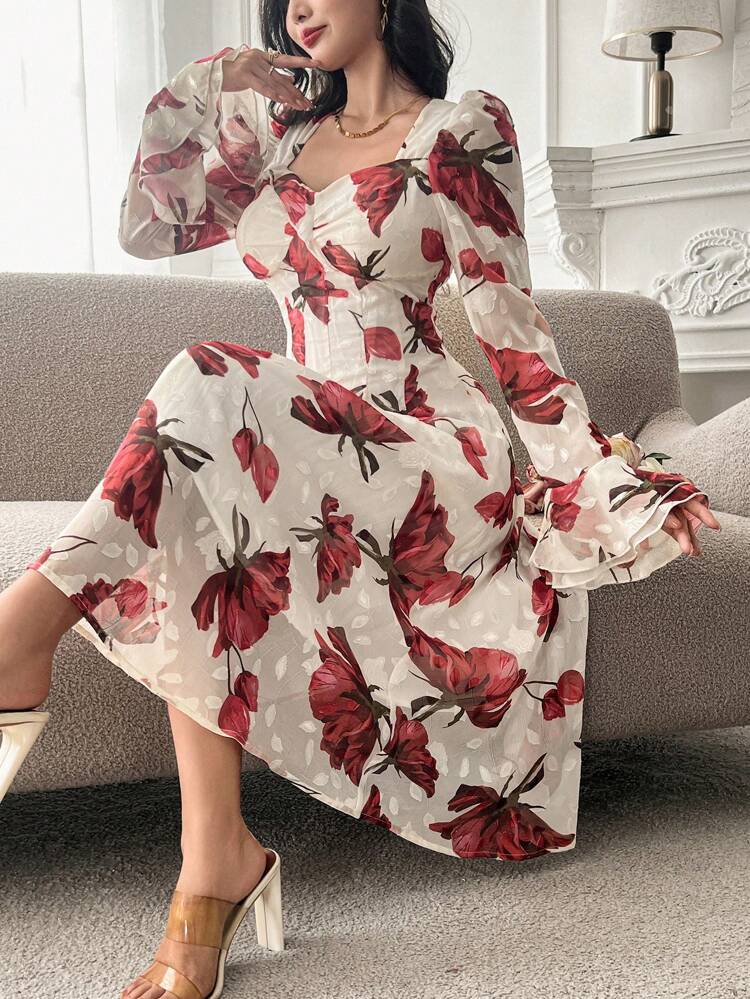 Floral Print Square Collar Puff Sleeve Midi Dress For Women,Ruffle,Fall Dress Long Sleeve Dress Vacation Outfits Women Easter Boho