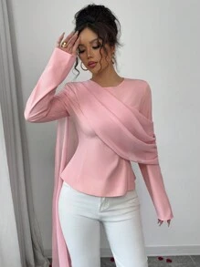 Elenzga Women's Elegant Round Neck Long Sleeve Solid Color Princess Seam Cinched Waist Chiffon Batwing Blouse, Fashionable And Slimming