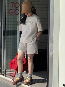 DAZY 2pcs/Set Tween Girls Casual Round Neck Short Sleeve Top And Shorts Set,Girls Summer Outfits,Back To School Clothes - Beige - View 4