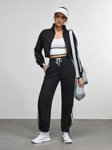 Women's Solid Color Splicing Long Sleeve Casual Top And Pants Set - Black - View 3