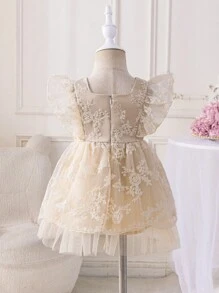 Glamorique Kids Sukienka dla dziewczynek na wiosnę/lato z kwadratowym kołnierzykiem i falbaniastym brzegiem, haftowana siateczka, elegancka, przepiękna i słodka