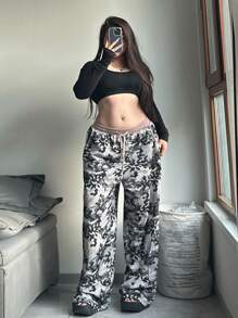 SHEIN EZwear 大码女式抽绳腰宽松迷彩印花休闲运动裤 - 彩色 - 查看 4
