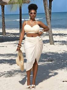 Slaydiva Plus Size Shell Decor Asymmetric Hem Skirt 2 Pieces Set, Linen Feel - White - View 4