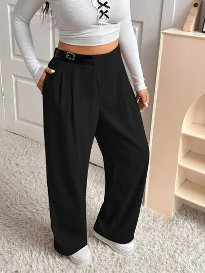 SHEIN EZwear 大码高腰抽绳不对称腰线直筒裤，秋冬