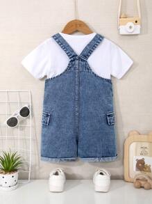 Mirajuku Young Boy Blue Washed Loose Fit Casual Denim Bib Overalls With Pockets,Convenient Front Open Button,Simple Fashionable Daily Wear Summer Holiday - Medium Wash - View 2