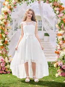 Vestido sin mangas de cuello redondo de unicolor con aplicaciones de encaje para niña preadolescente - Blanco - Ver 1