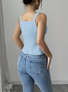 Selianne Áo hai dây bó sát một hàng khuy màu trơn dành cho nữ - Màu xanh nhạt - Xem 2