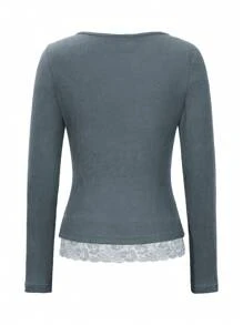 Chiquease Camiseta de cuello redondo de mujer con diseño de empalmado de encaje y terciopelo acanalado marrón, diseño de falso 2 piezas, para otoño/invierno